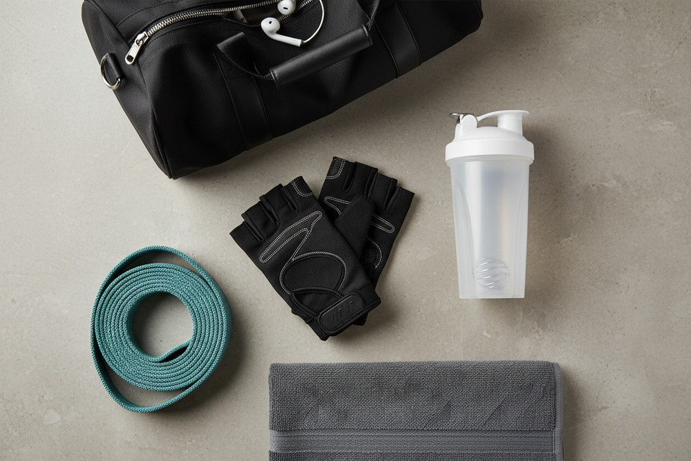 Flat lay of fitness accessories